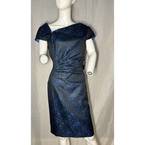 Tahari Women’s Sheath Dress Size 14 Asymmetrical Floral Blue Black Pleating Lace